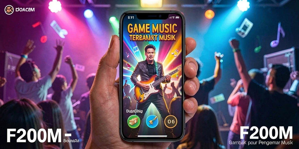 Screenshot F200M menunjukkan pemain menikmati permainan musik yang seru.
