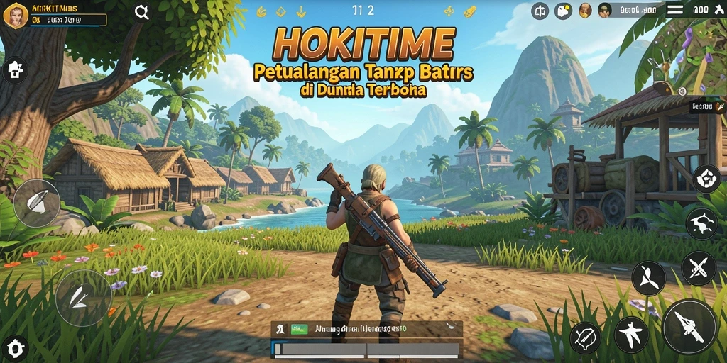 Screenshot gameplay HOKITIME menampilkan petualangan di dunia terbuka yang luas.
