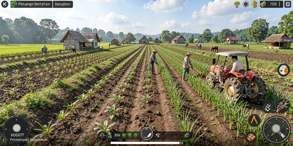Screenshot utama HUGO77 menampilkan gameplay Farming yang seru.