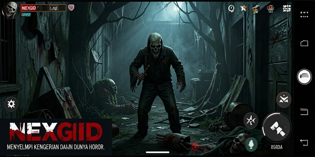 Tangkapan layar gameplay NEXGID menampilkan suasana menakutkan dan makhluk menyeramkan.