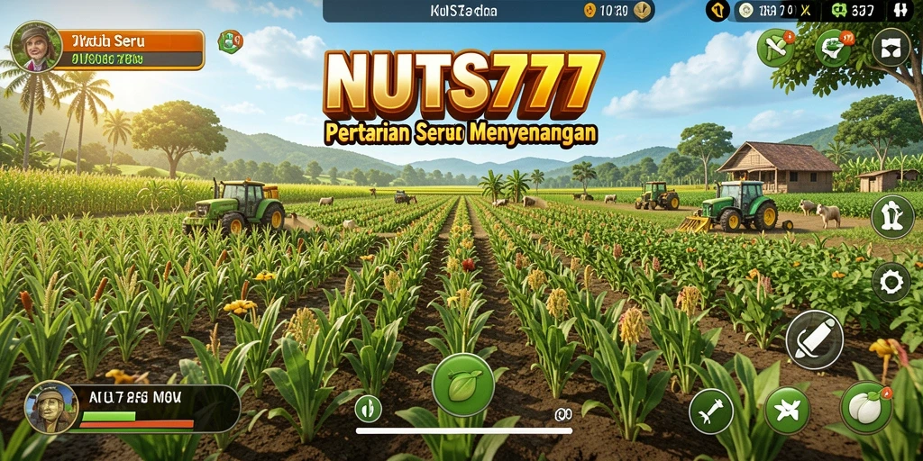 Screenshot gameplay NUTS777 yang menampilkan ladang yang subur dan hewan peliharaan.