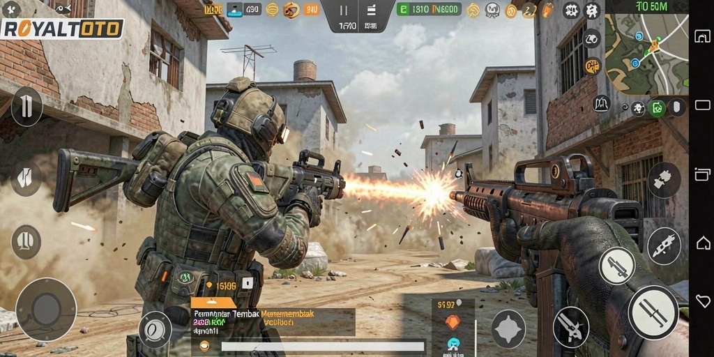 Screenshot gameplay ROYALTOTO menunjukkan aksi tembak-menembak yang intens.