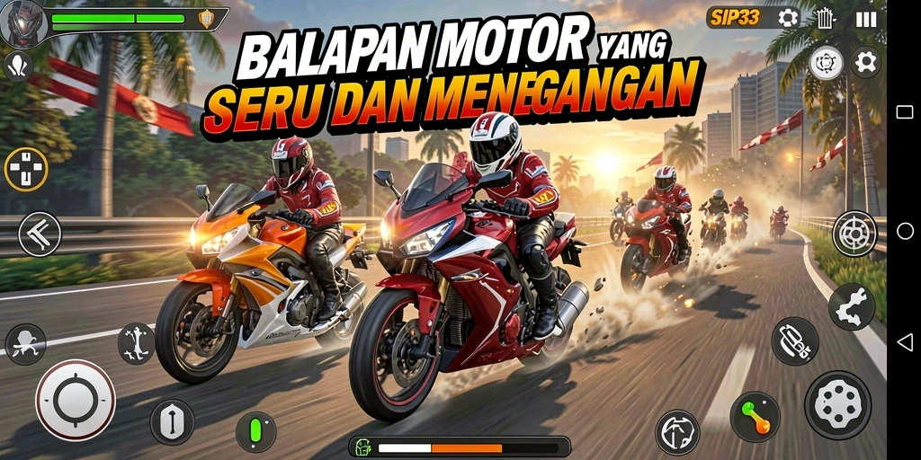 Screenshot menampilkan balapan motor yang penuh aksi dalam SIP33.
