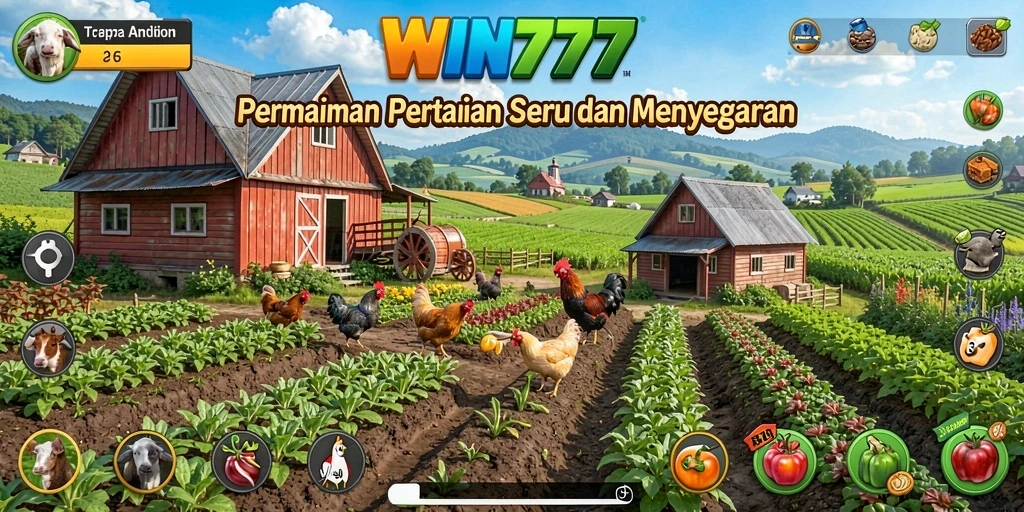 Screenshot menunjukkan gameplay WIN777 yang menampilkan ladang subur dan hewan ternak.