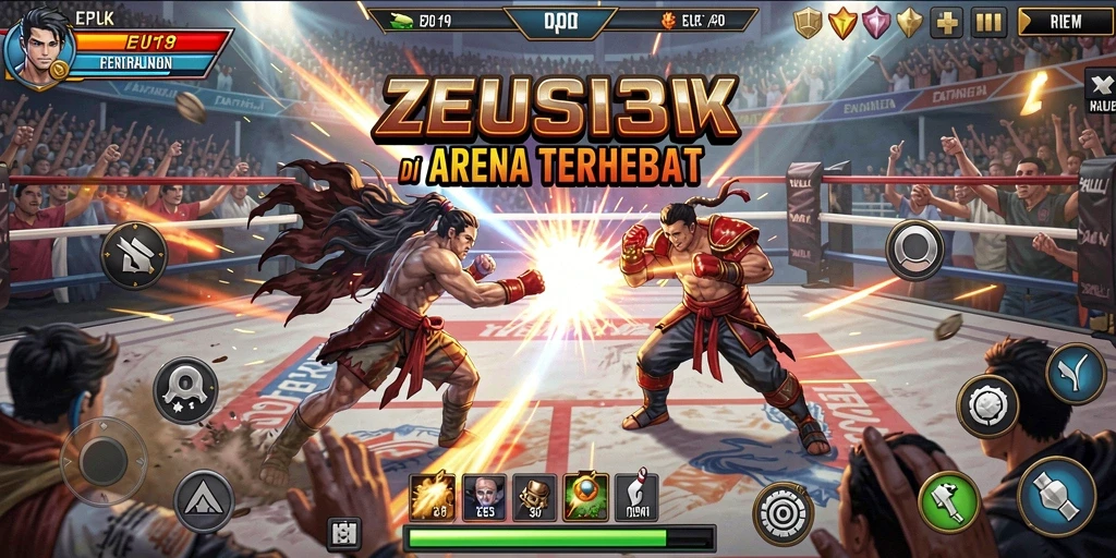 Screenshot ZEUS138 menampilkan pertarungan seru antara dua karakter di arena.